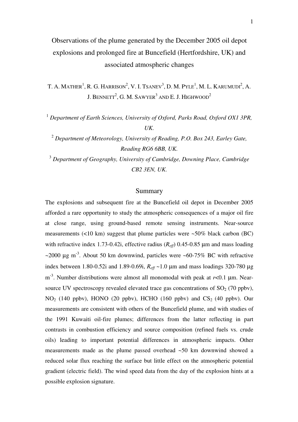 Observations of the Plume Generated by the December 2005 Oil Depot Explosions and Prolonged Fire at Buncefield (Hertfordshire, UK) and Associated Atmospheric Changes