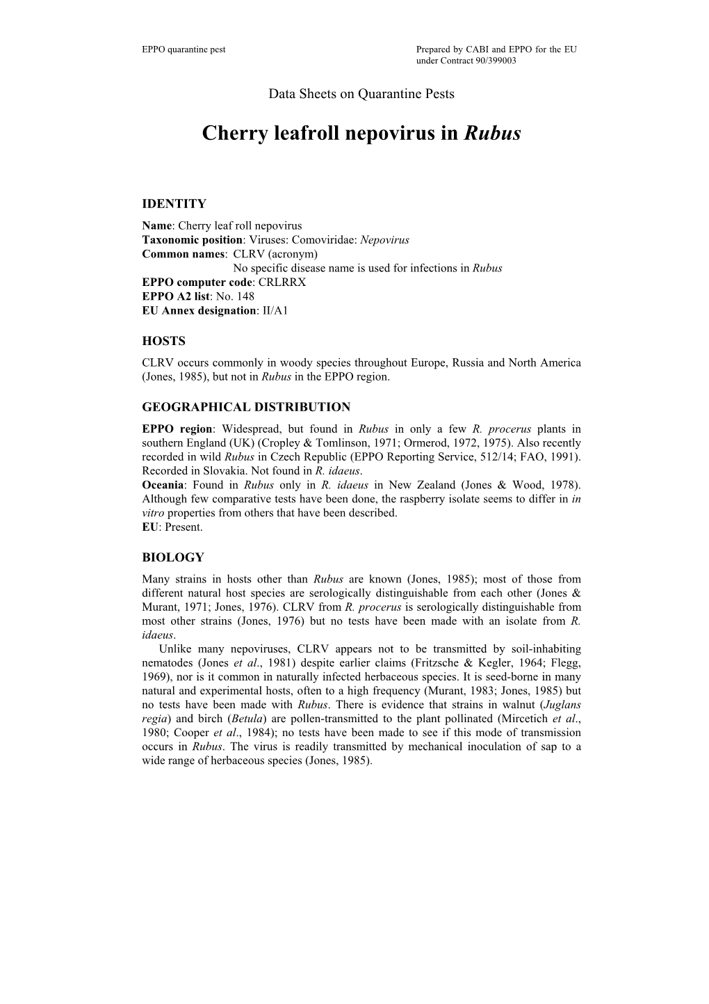 Data Sheet on Cherry Leaf Roll Nepovirus in Rubus