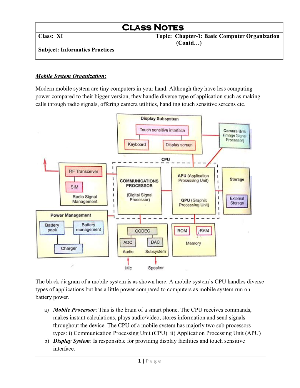 Class Notes Class: XI Topic: Chapter-1: Basic Computer Organization (Contd…) Subject: Informatics Practices