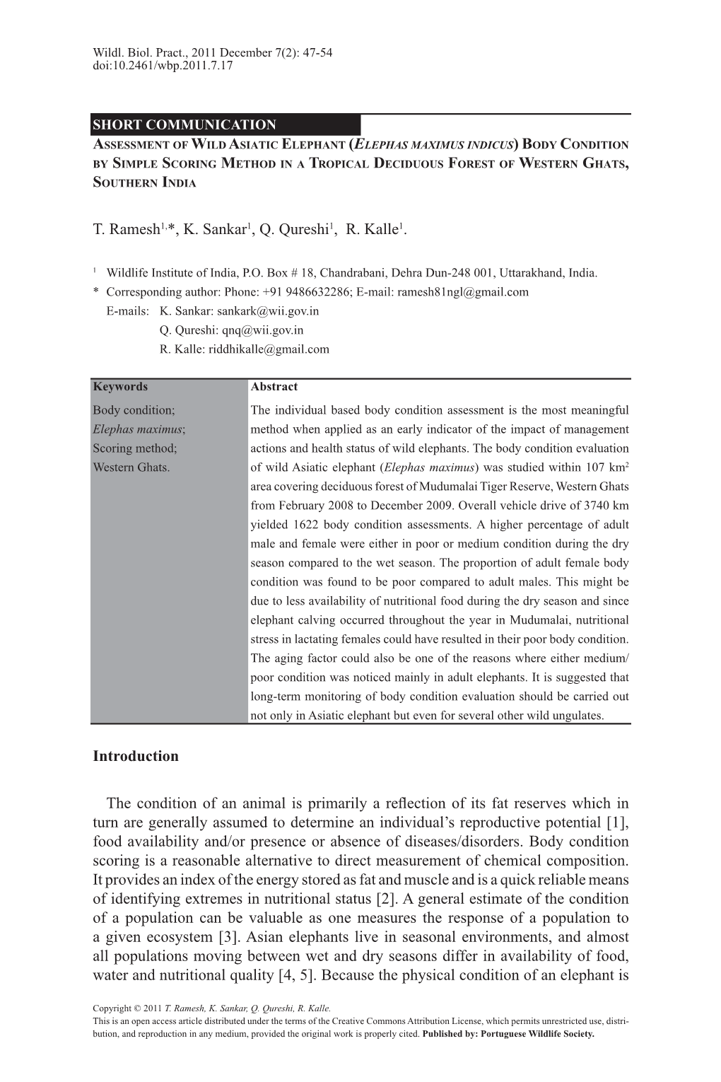 Assessment of Wild Asiatic Elephant (Elephas Maximus Indicus) Body