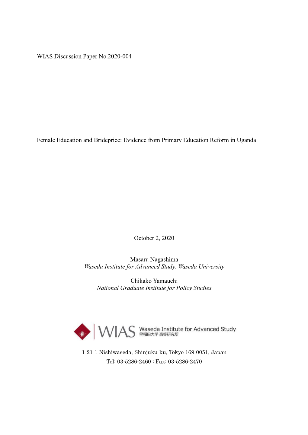 WIAS Discussion Paper No.2020-004 Female Education and Brideprice