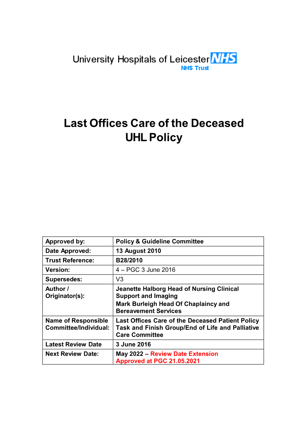 Last Offices Care of the Deceased UHL Policy
