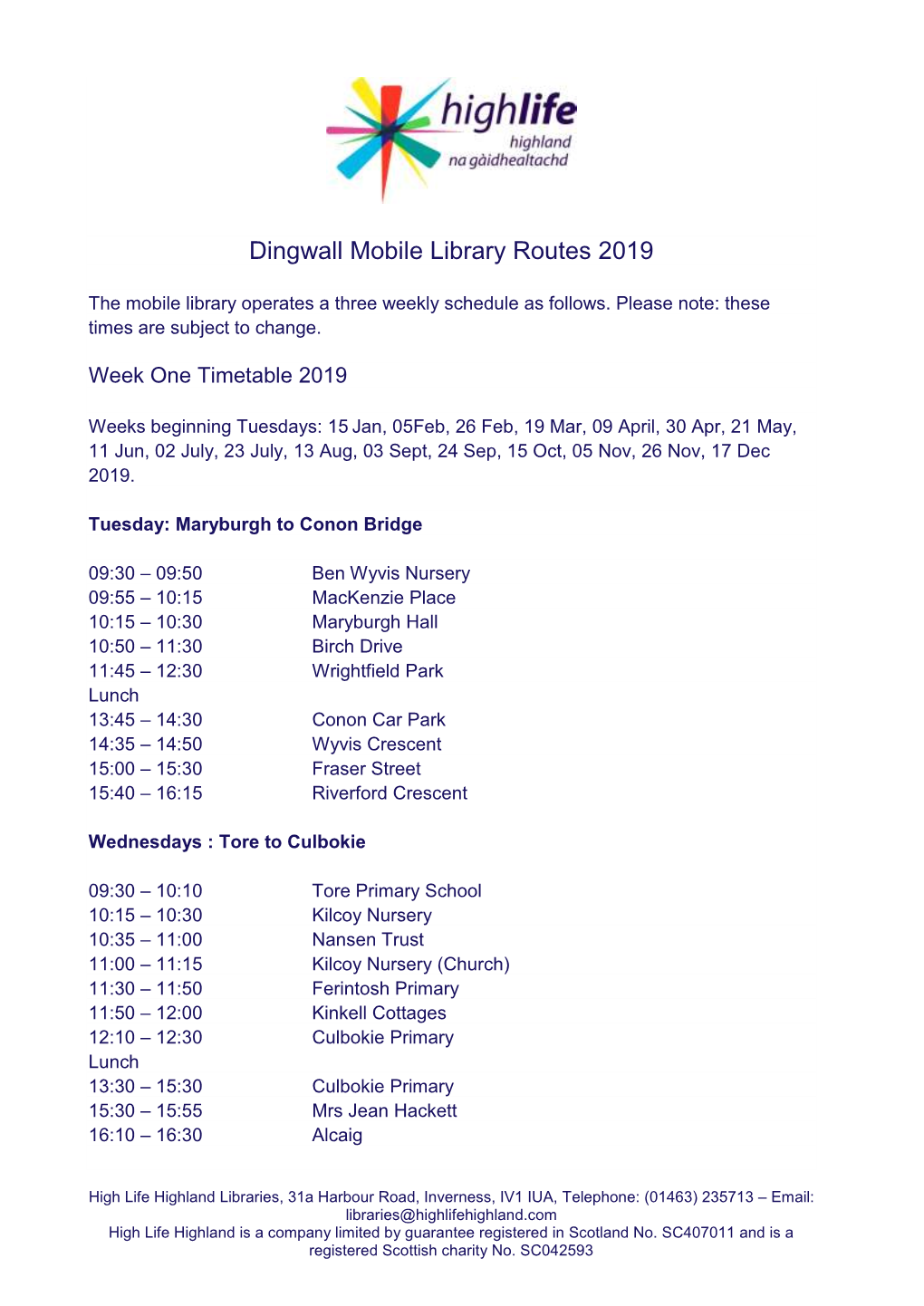 Dingwall Mobile Library Routes 2019