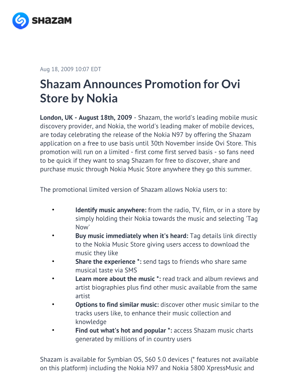 Shazam Announces Promotion for Ovi Store by Nokia