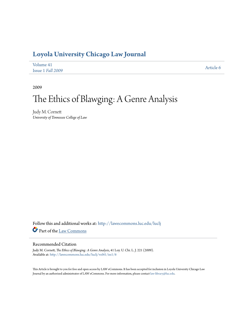 The Ethics of Blawging: a Genre Analysis, 41 Loy