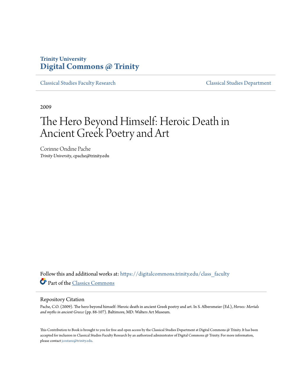 Heroic Death in Ancient Greek Poetry and Art Corinne Ondine Pache Trinity University, Cpache@Trinity.Edu