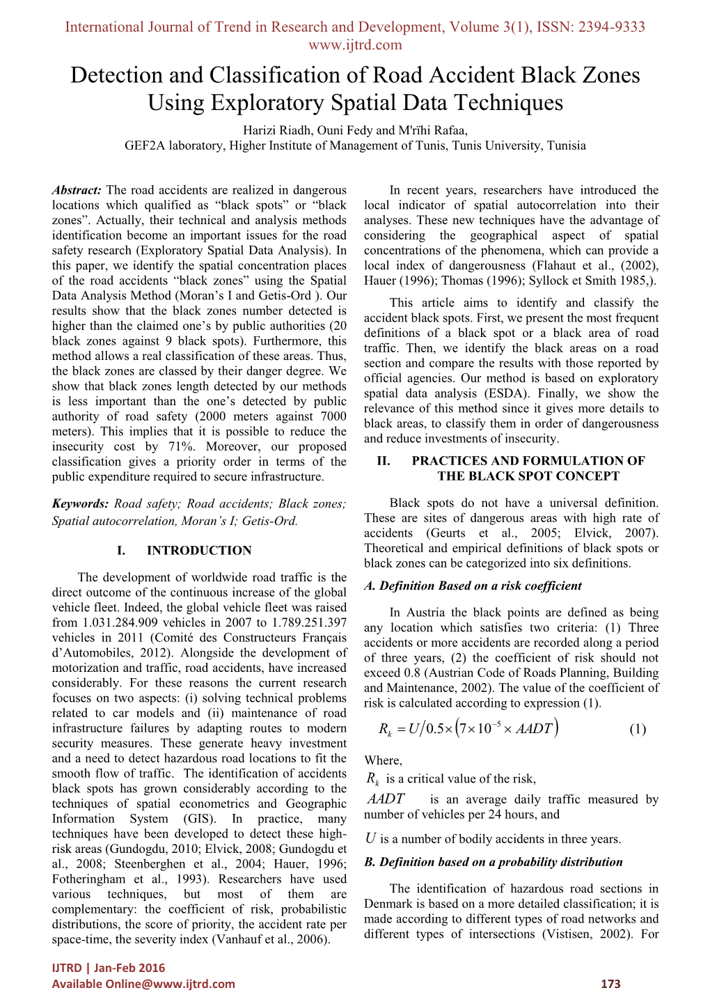 Detection and Classification of Road Accident Black Zones Using