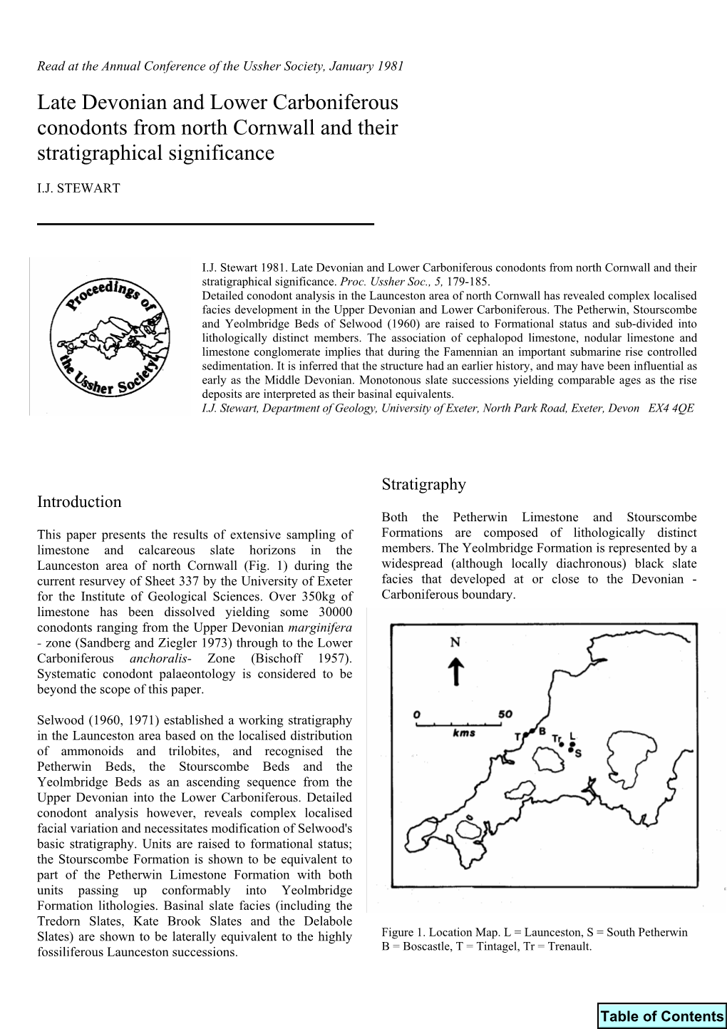 Late Devonian and Lower Carboniferous Conodonts from North Cornwall and Their Stratigraphical Significance