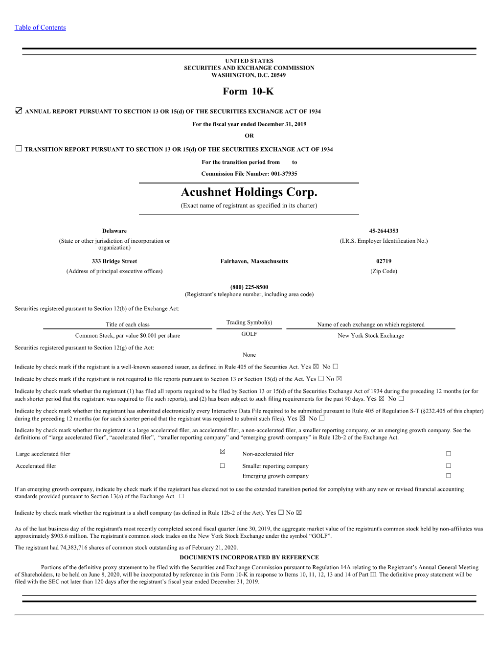 Acushnet Holdings Corp. (Exact Name of Registrant As Specified in Its Charter)