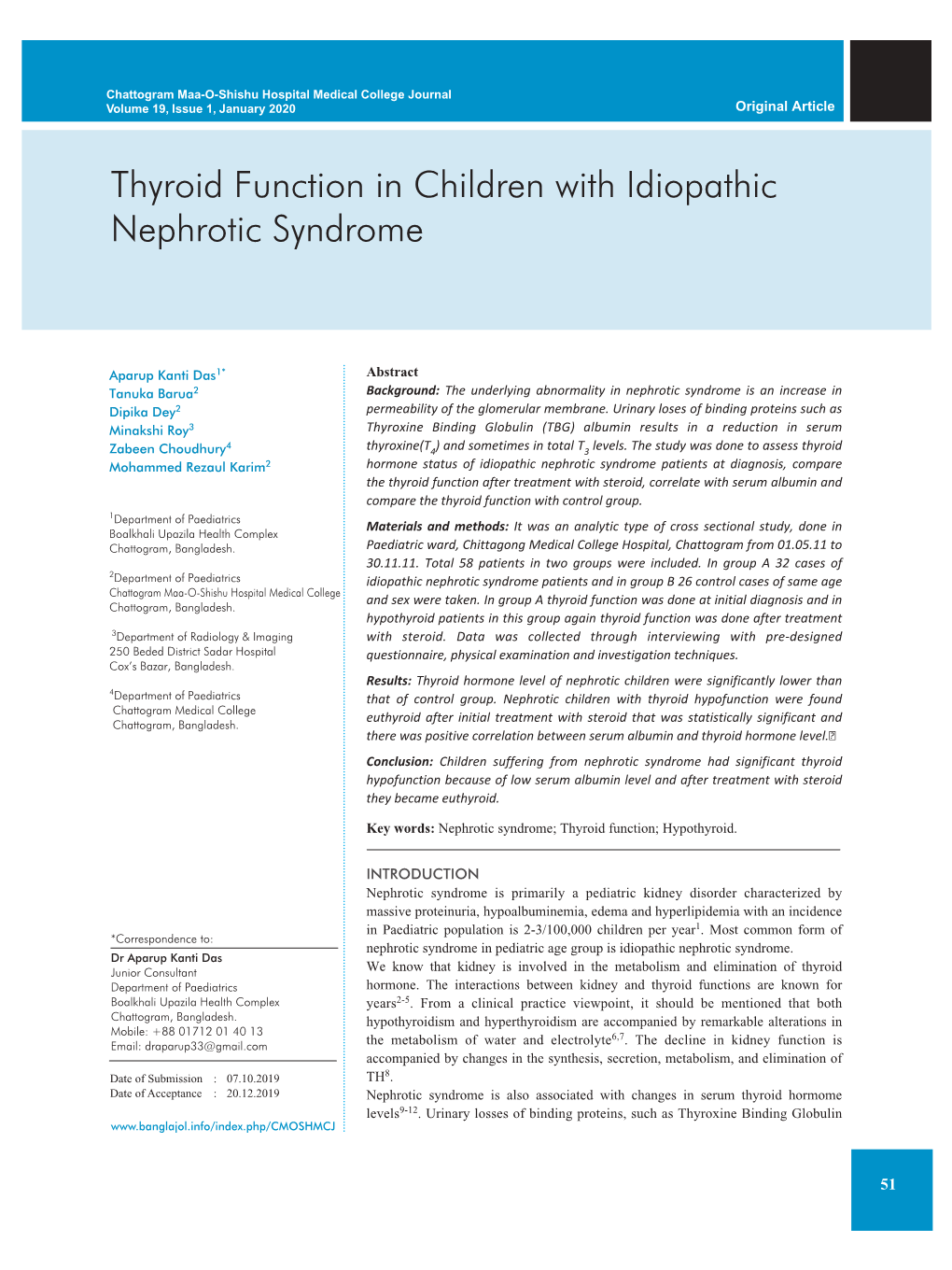 Thyroid Function in Children with Idiopathic Nephrotic Syndrome