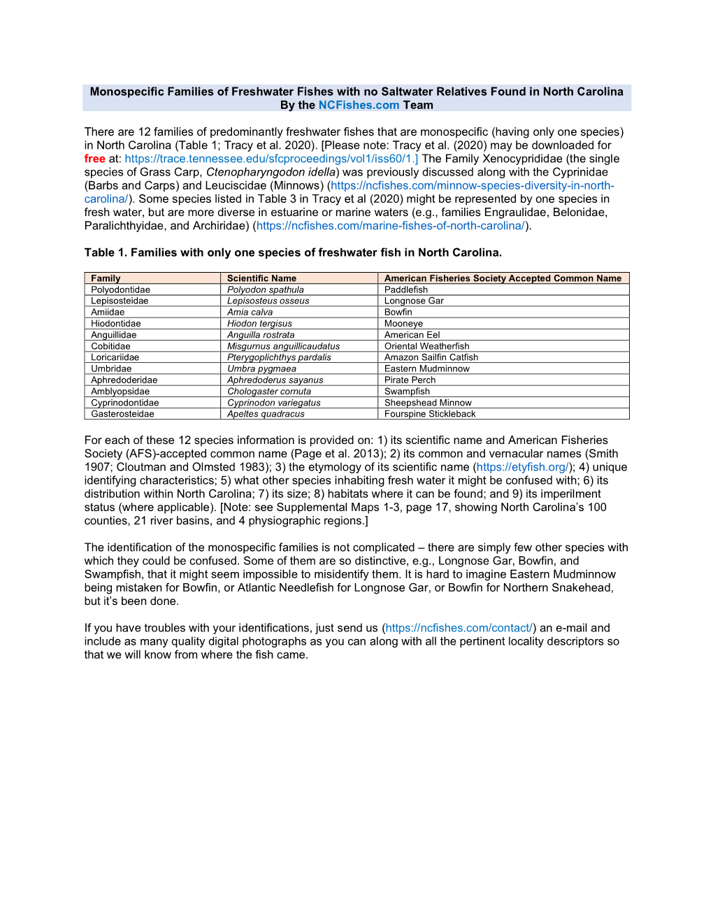 Monospecific Families of Freshwater Fishes with No Saltwater Relatives Found in North Carolina by the Ncfishes.Com Team