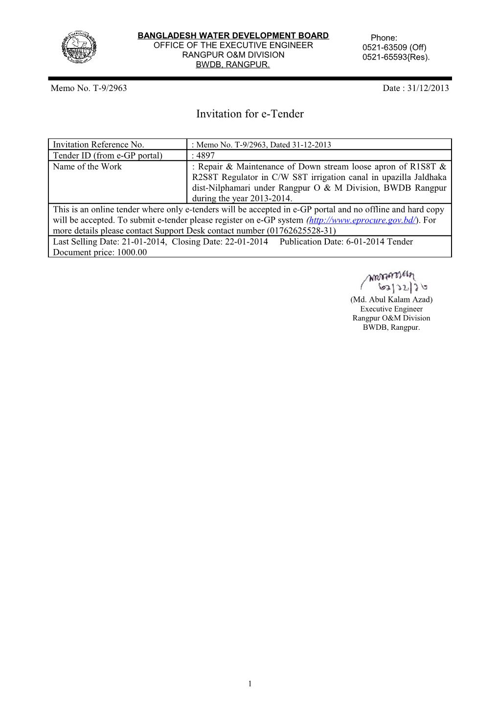 Invitation for E-Tender