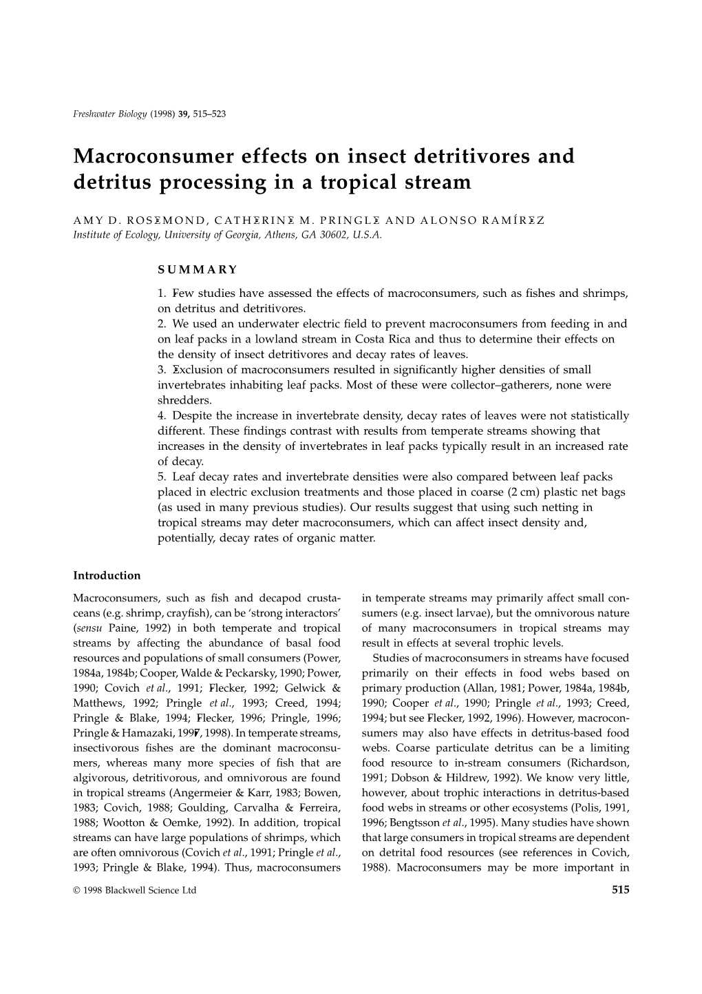 Macroconsumer Effects on Insect Detritivores and Detritus Processing in a Tropical Stream