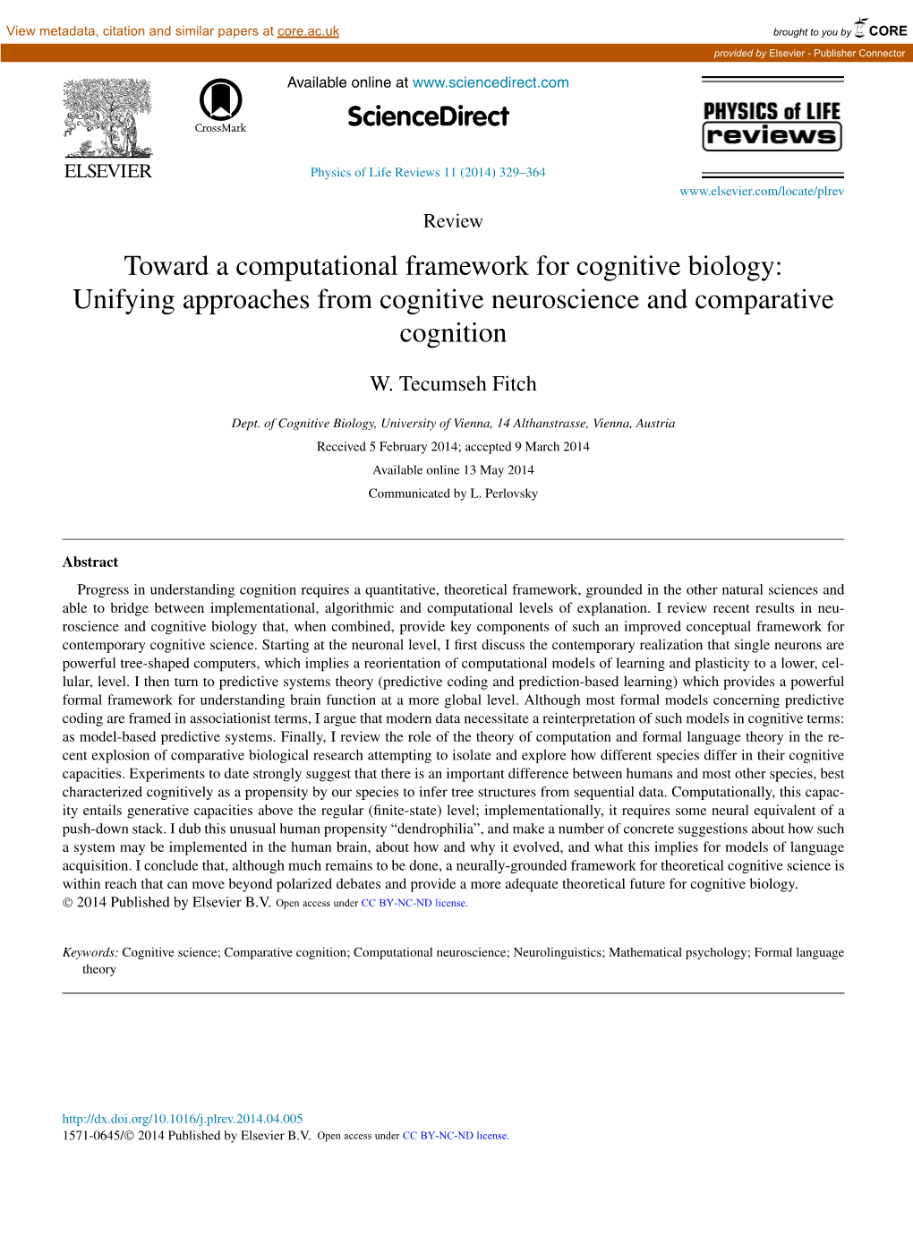 Toward a Computational Framework for Cognitive Biology: Unifying Approaches from Cognitive Neuroscience and Comparative Cognition