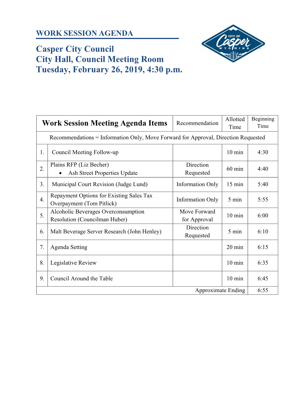 Casper City Council City Hall, Council Meeting Room Tuesday, February 26, 2019, 4:30 P.M