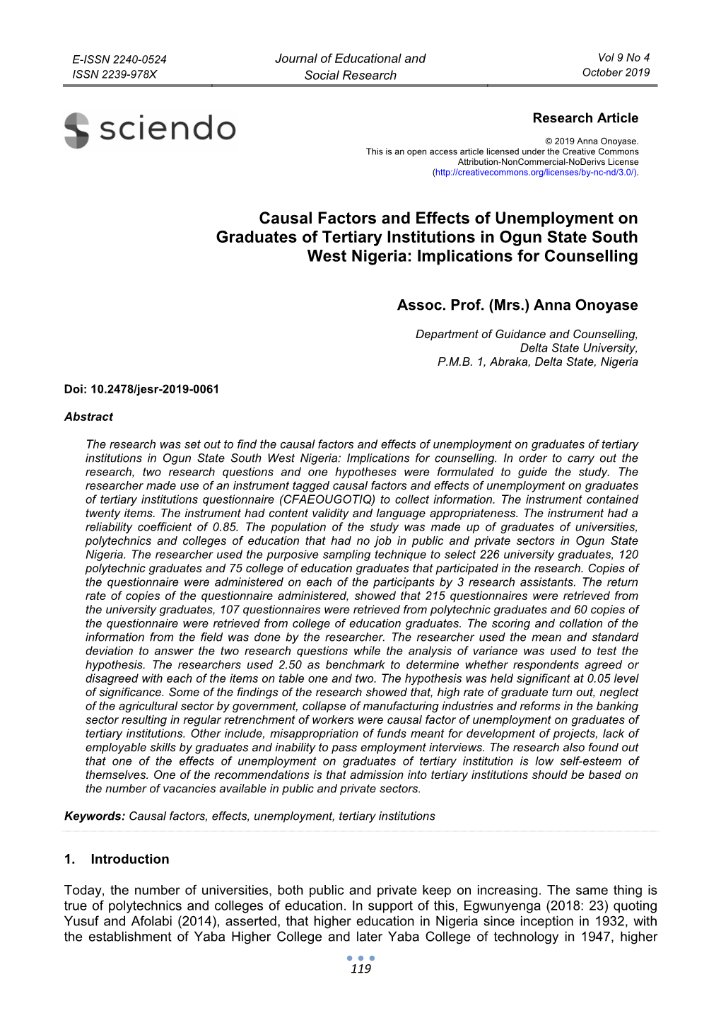 Causal Factors and Effects of Unemployment on Graduates of Tertiary Institutions in Ogun State South West Nigeria: Implications for Counselling