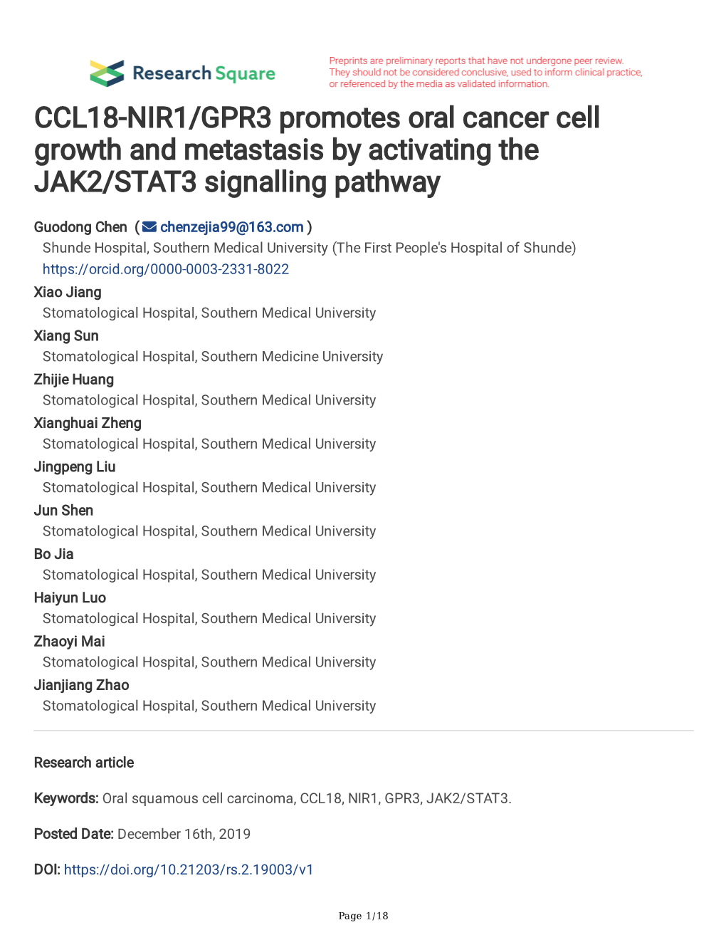 CCL18-NIR1/GPR3 Promotes Oral Cancer Cell Growth and Metastasis by Activating the JAK2/STAT3 Signalling Pathway