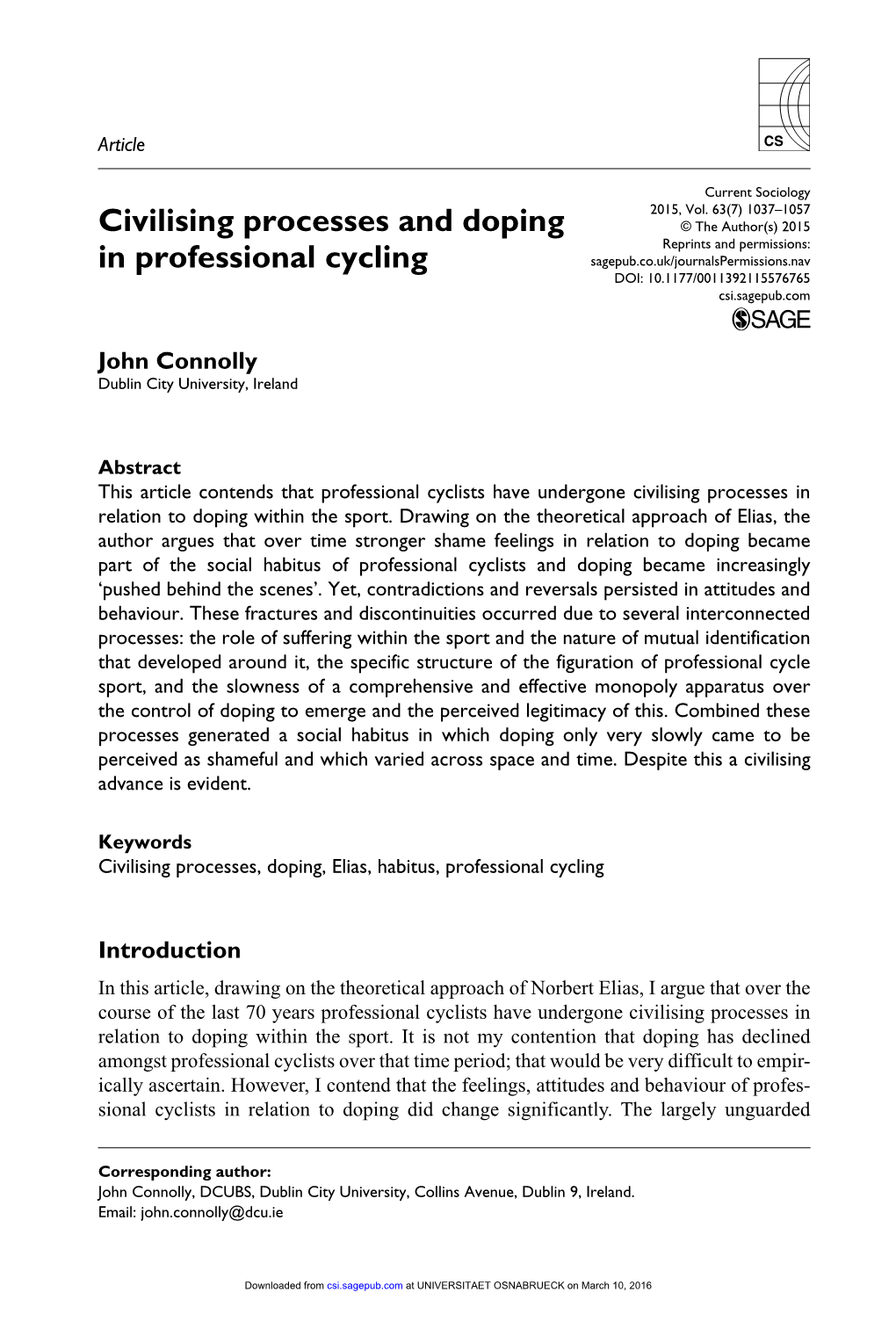 Civilising Processes and Doping in Professional Cycling