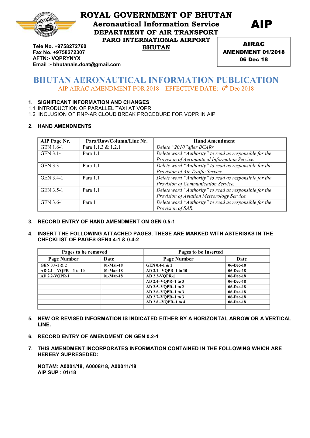 BHUTAN AERONAUTICAL INFORMATION PUBLICATION AIP AIRAC AMENDMENT for 2018 – EFFECTIVE DATE:- 6Th Dec 2018