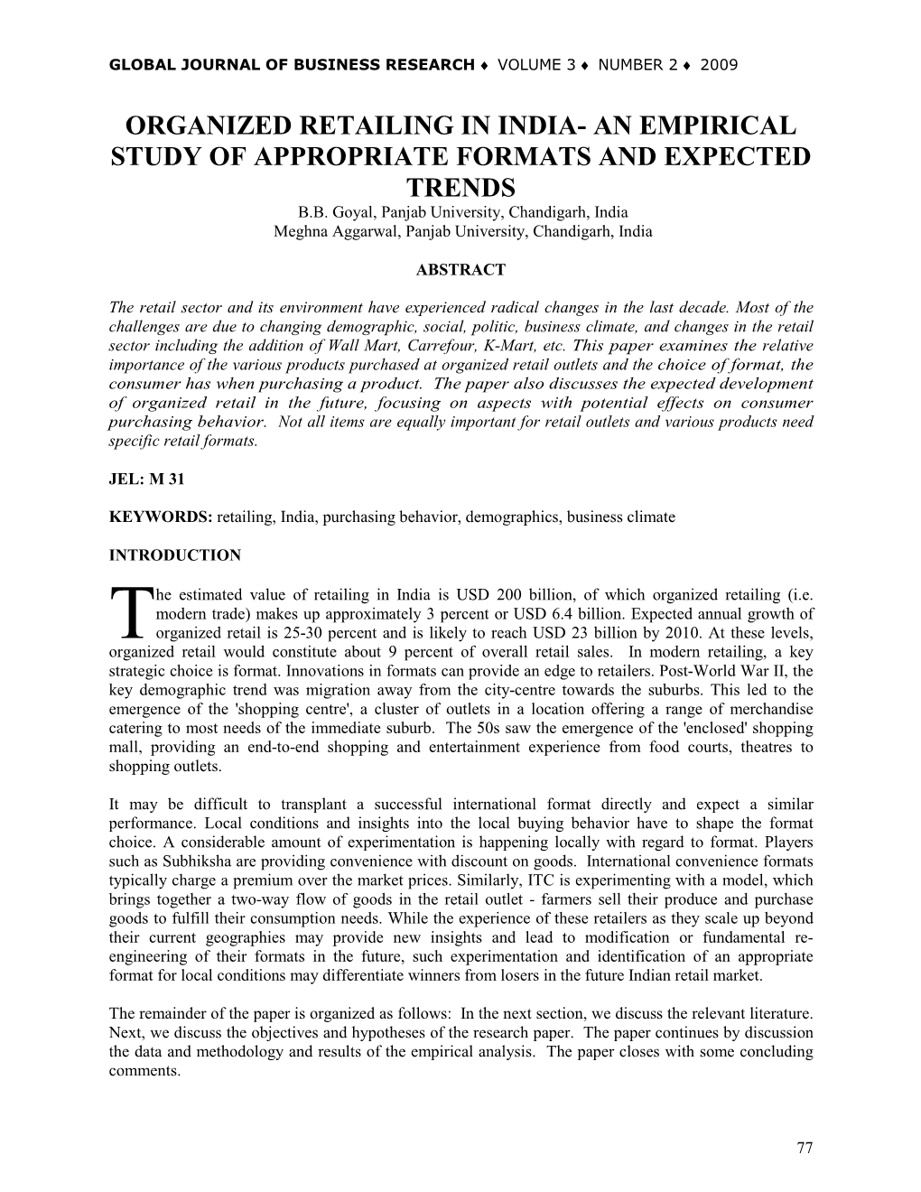 Organized Retailing in India- an Empirical Study of Appropriate Formats and Expected Trends B.B