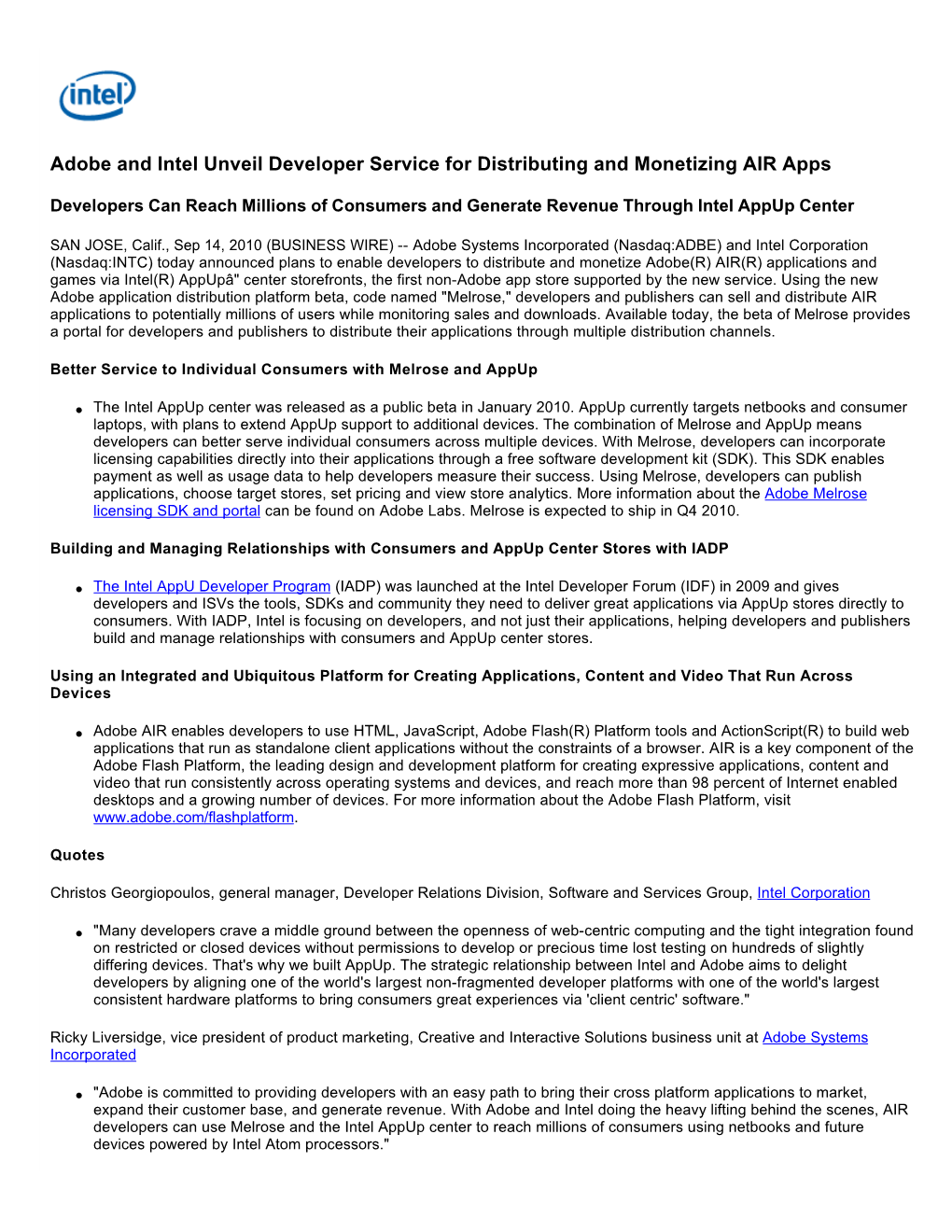 Adobe and Intel Unveil Developer Service for Distributing and Monetizing AIR Apps