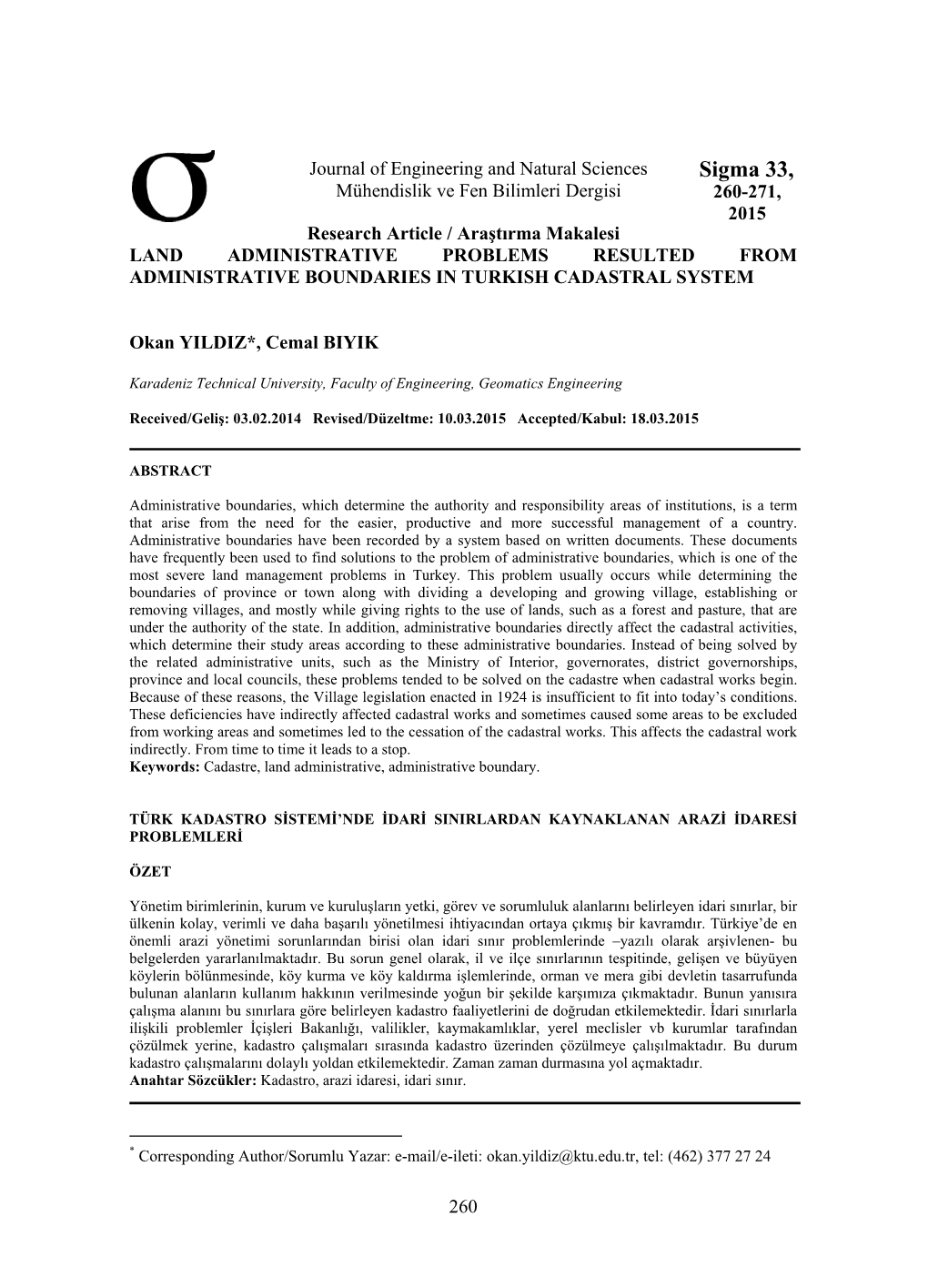 Land Administrative Problems Resulted from Administrative Boundaries in Turkish Cadastral System