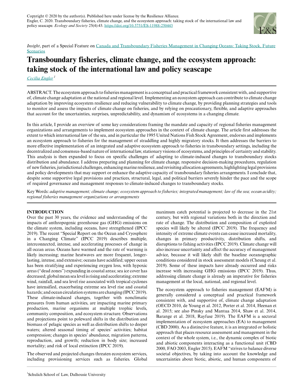 Transboundary Fisheries, Climate Change, and the Ecosystem Approach: Taking Stock of the International Law and Policy Seascape