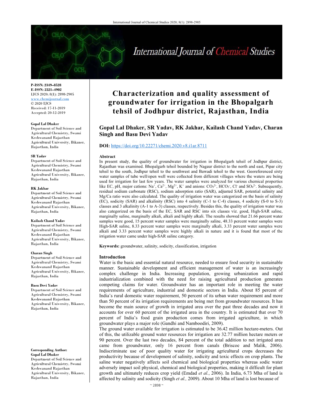 Characterization and Quality Assessment of Groundwater For