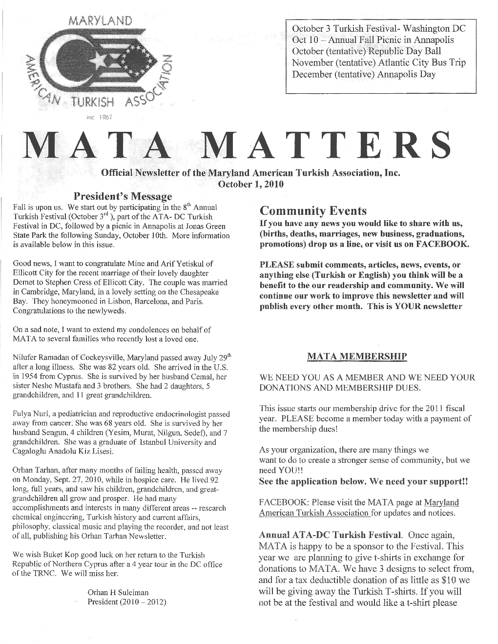 MATA MATTERS Official Newsletter of the Maryland American Turkish Association, Inc