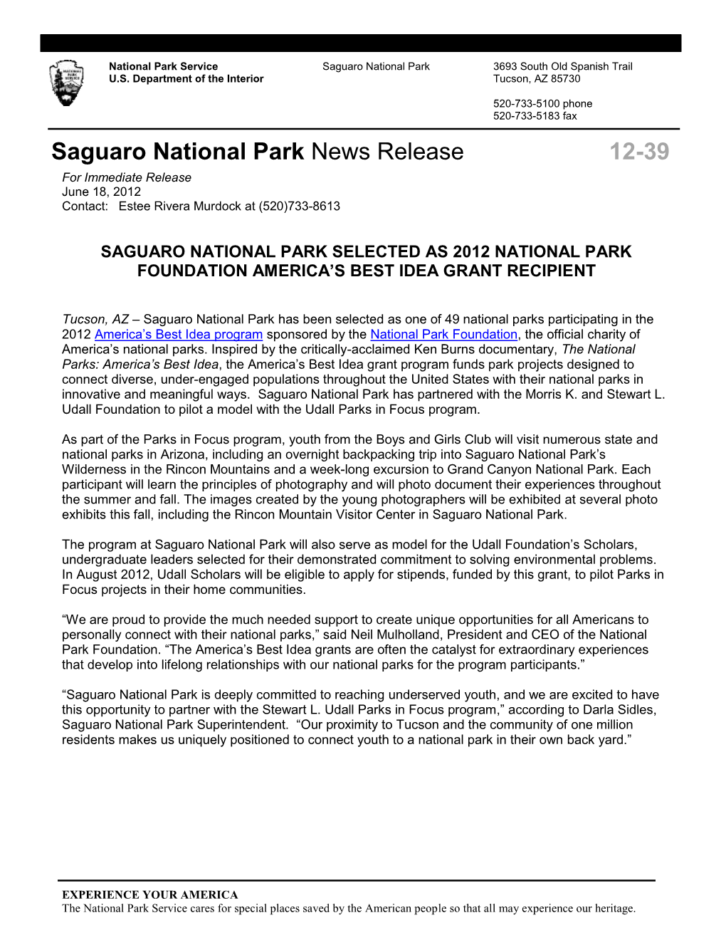 Saguaro National Park News Release 12-39