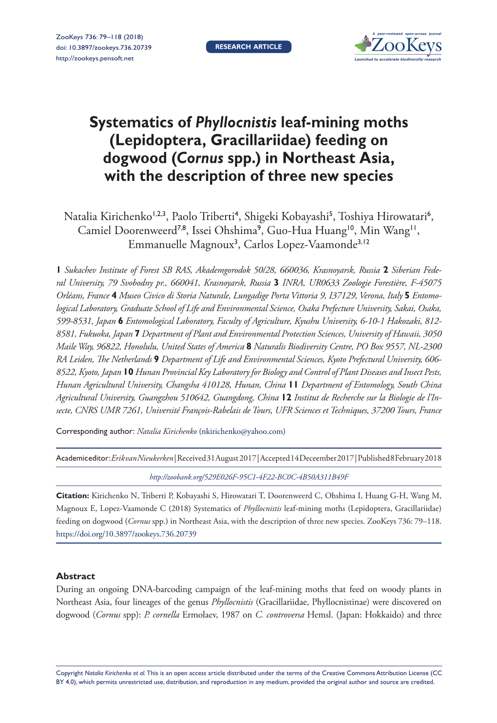 Lepidoptera, Gracillariidae) Feeding on Dogwood (Cornus Spp.) in Northeast Asia, with the Description of Three New Species