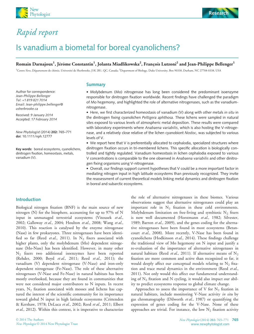 Is Vanadium a Biometal for Boreal Cyanolichens?