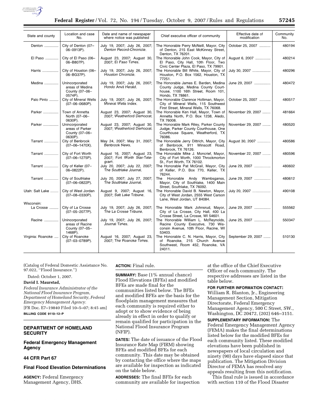 Federal Register/Vol. 72, No. 194/Tuesday, October 9, 2007/Rules and Regulations