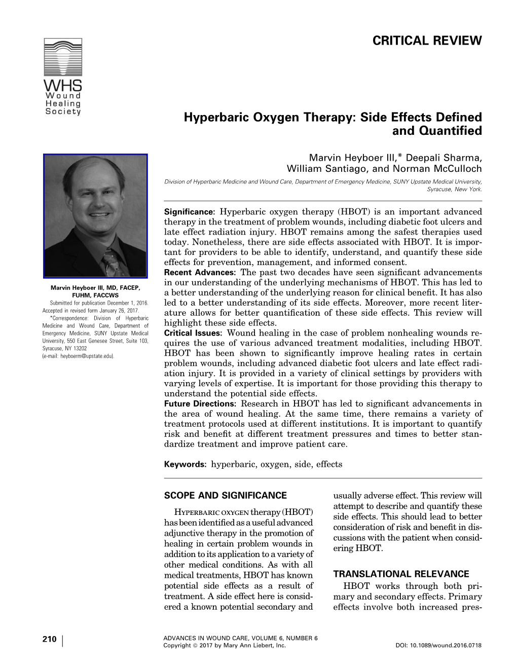 Hyperbaric Oxygen Therapy: Side Effects Defined and Quantified