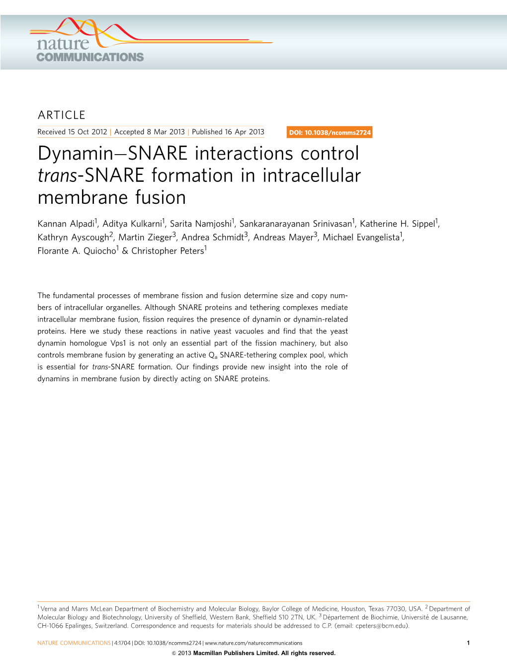 Dynamin&Minus;SNARE Interactions Control Trans-SNARE Formation in Intracellular Membrane Fusion