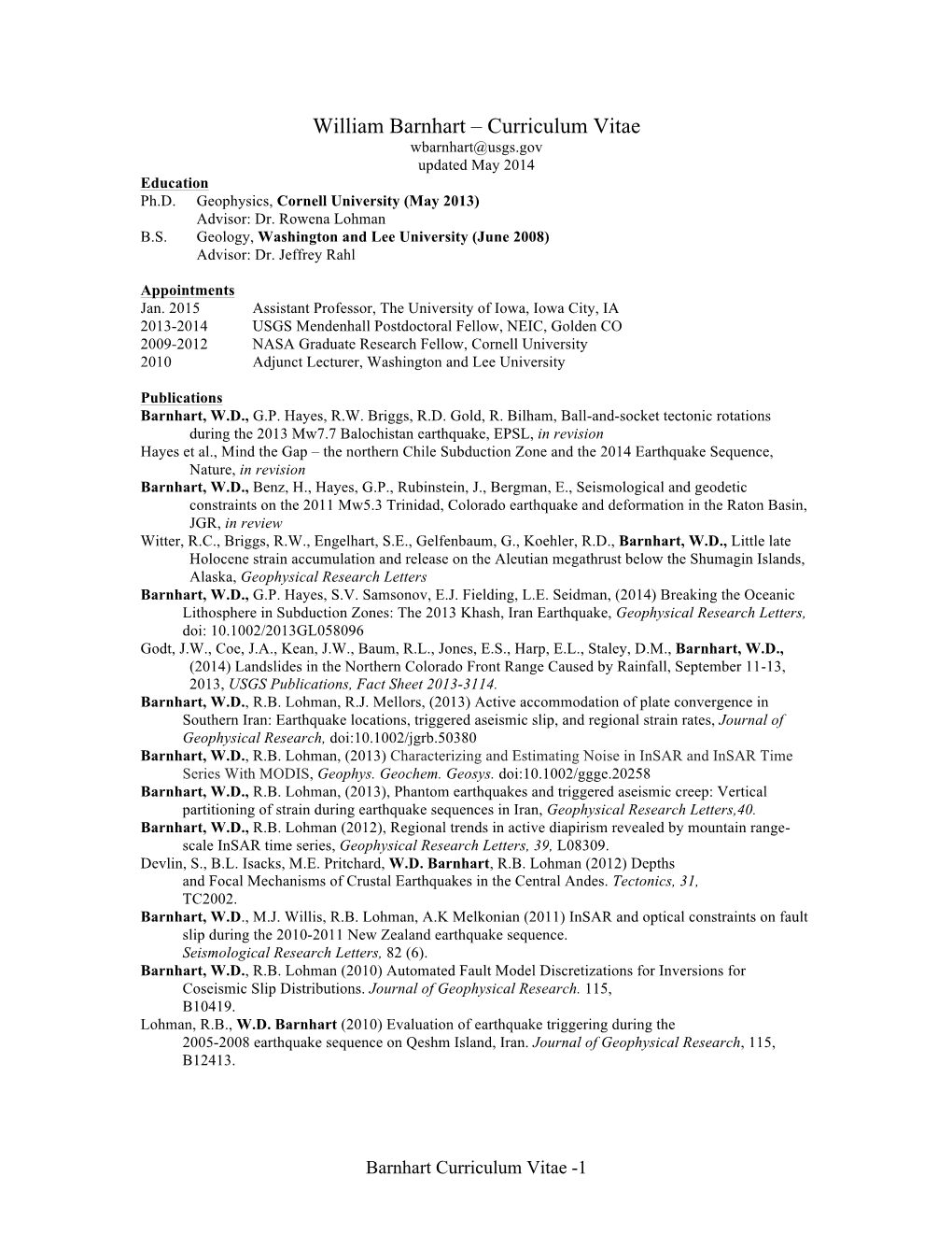 William Barnhart – Curriculum Vitae Wbarnhart@Usgs.Gov Updated May 2014 Education Ph.D