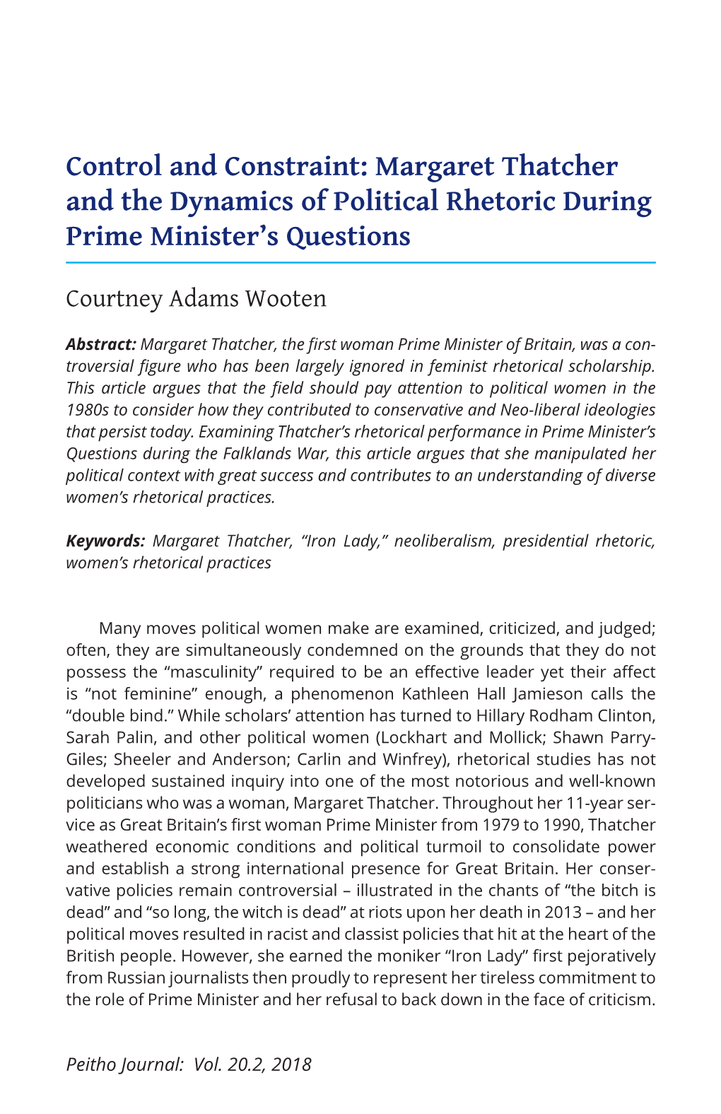 Control and Constraint: Margaret Thatcher and the Dynamics of Political Rhetoric During Prime Minister’S Questions