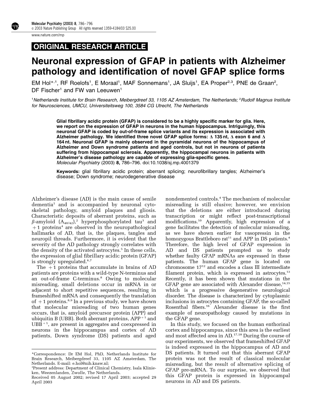 Neuronal Expression of GFAP in Patients with Alzheimer Pathology