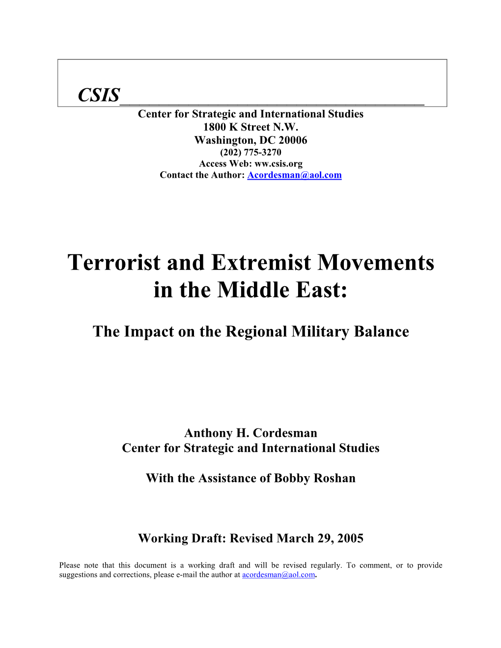 Terrorist and Extremist Movements in the Middle East: the Impact on The