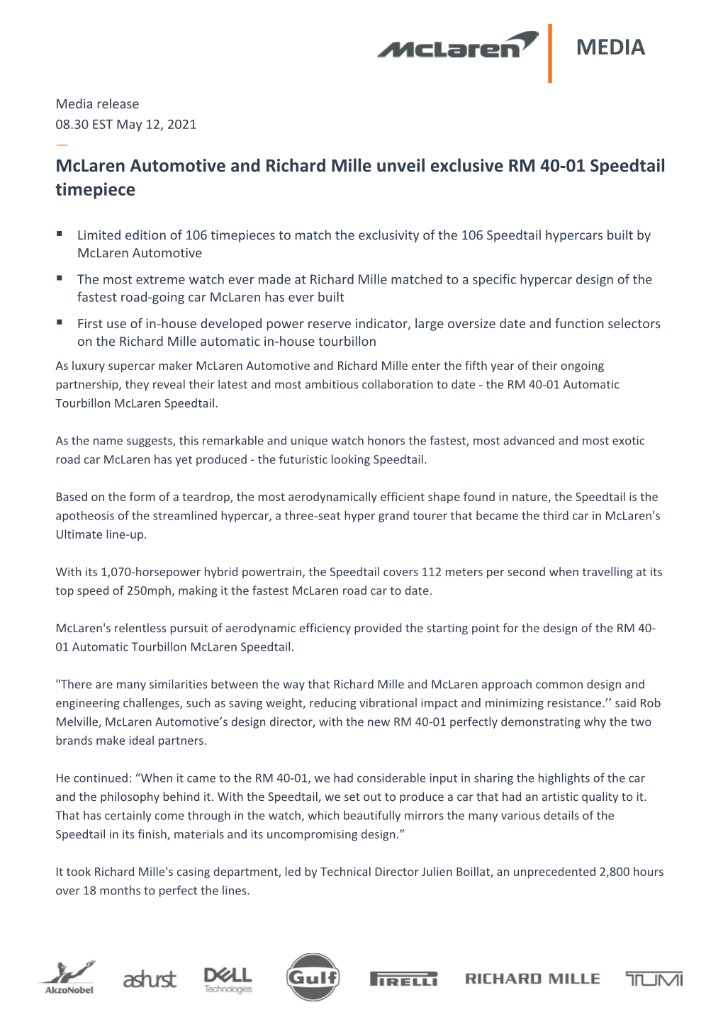 Mclaren Automotive and Richard Mille Unveil Exclusive RM 40-01 Speedtail Timepiece