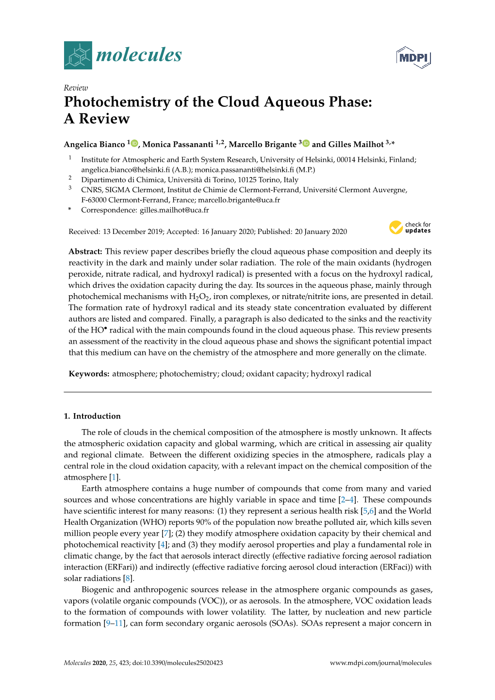 Photochemistry of the Cloud Aqueous Phase: a Review