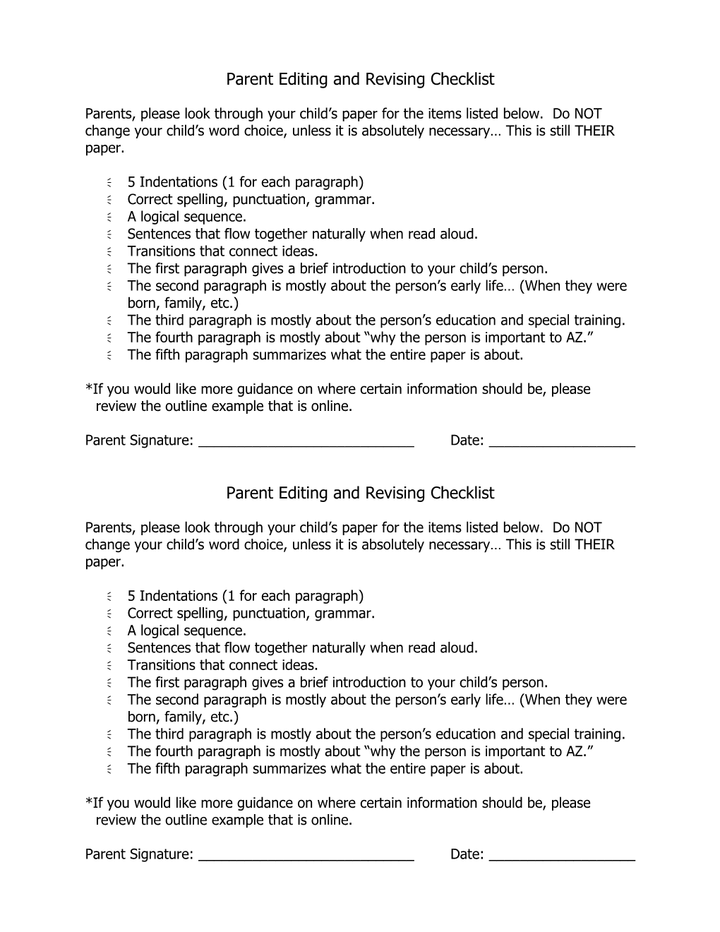 Parent Editing and Revising Checklist