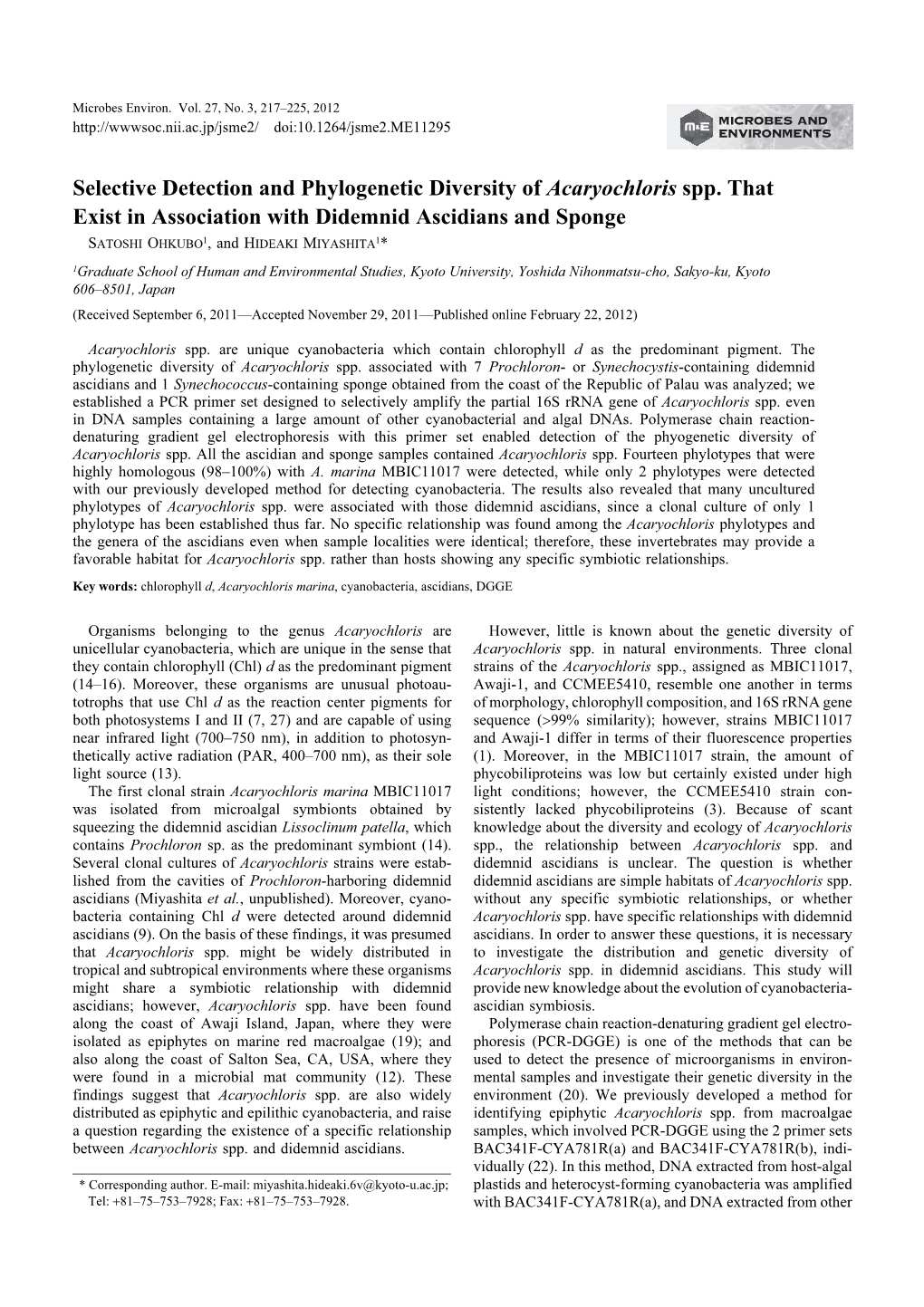 Selective Detection and Phylogenetic Diversity of Acaryochloris Spp. That