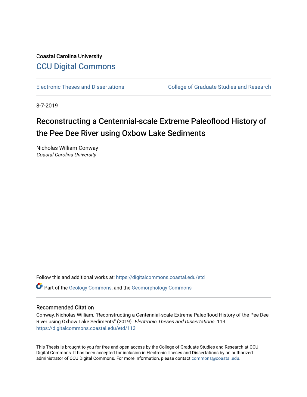 Reconstructing a Centennial-Scale Extreme Paleoflood History of the Pee Dee River Using Oxbow Lake Sediments