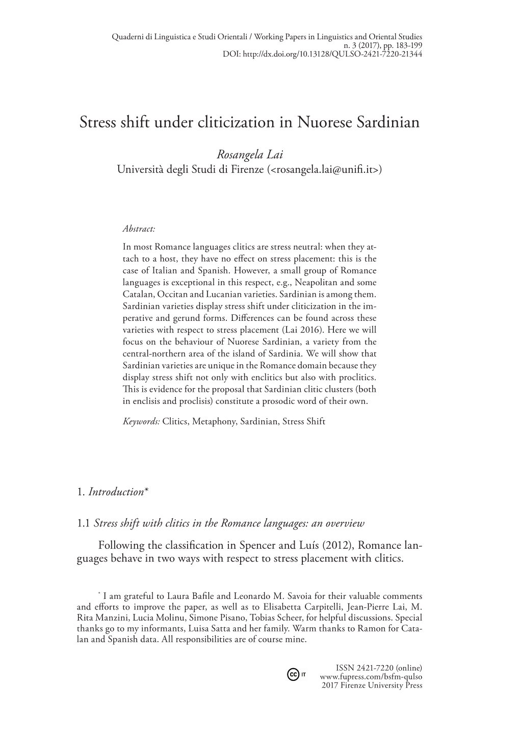 Stress Shift Under Cliticization in Nuorese Sardinian