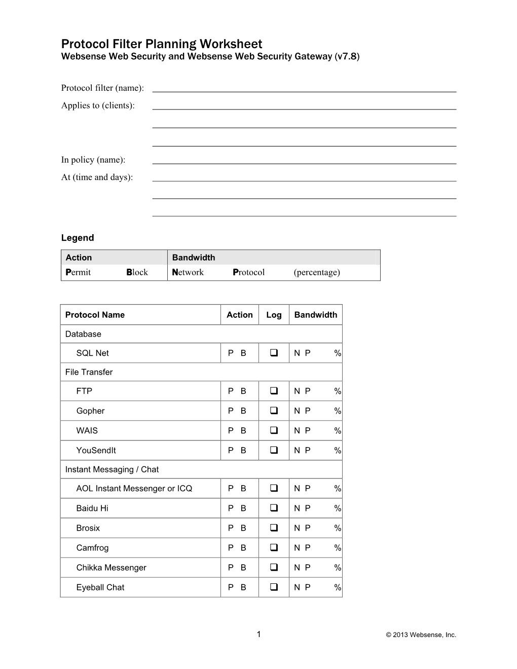 Protocol Filter Planning Worksheet Websense Web Security and Websense Web Security Gateway (V7.8)