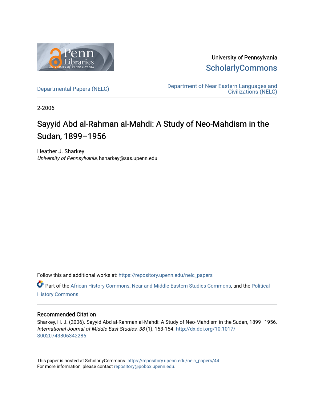 Sayyid Abd Al-Rahman Al-Mahdi: a Study of Neo-Mahdism in the Sudan, 1899–1956