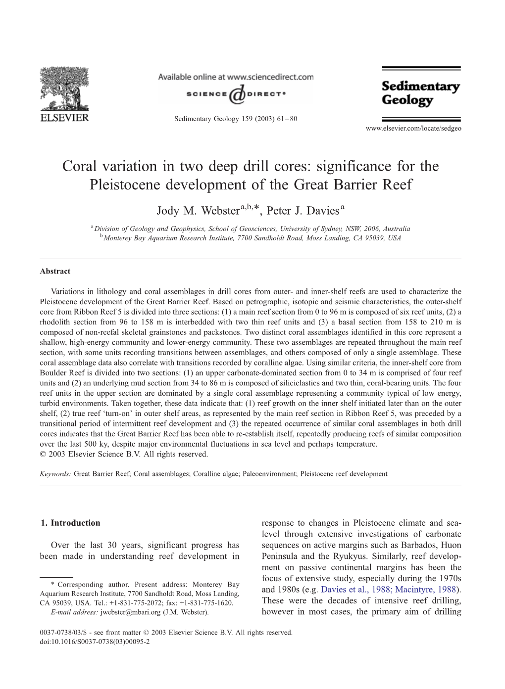 Significance for the Pleistocene Development of the Great Barrier Reef