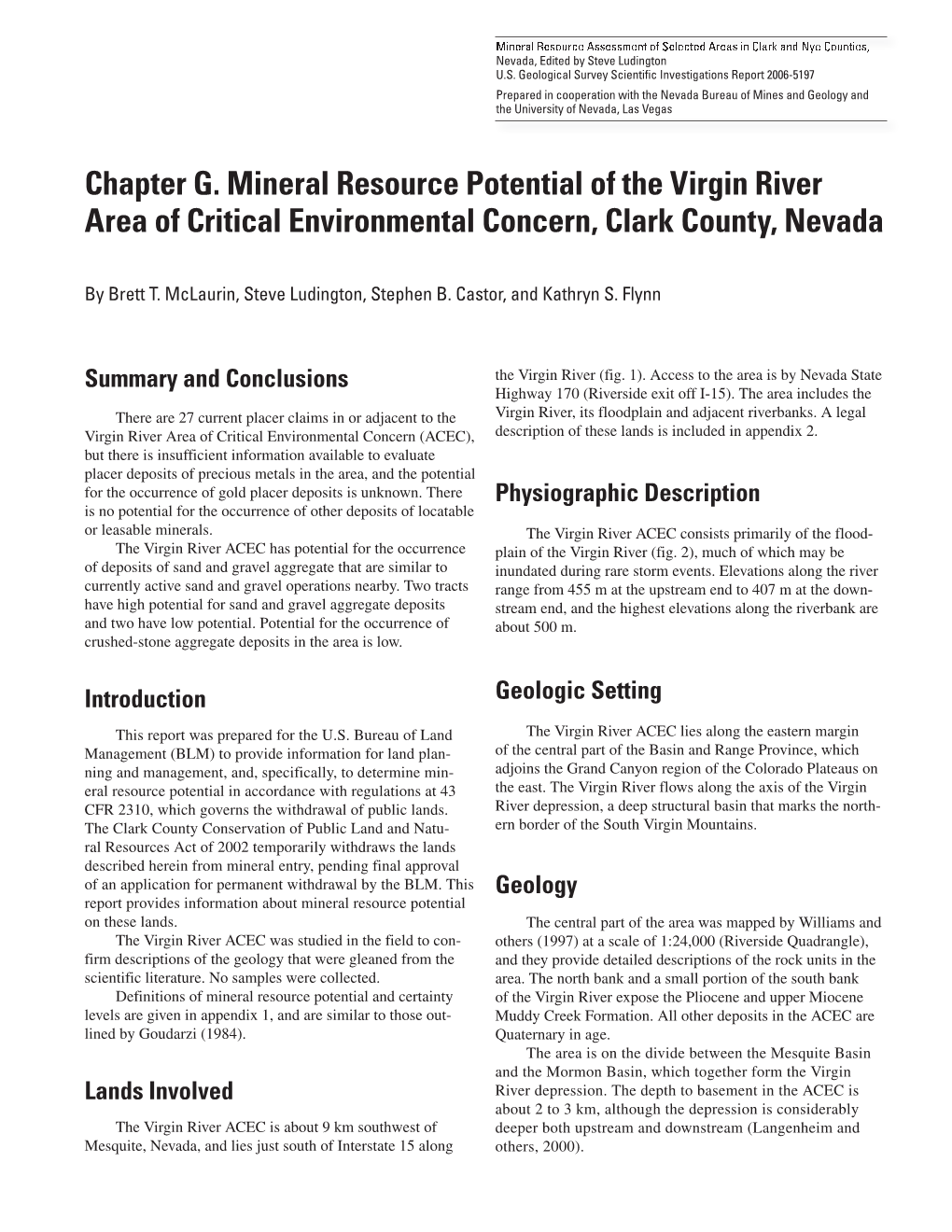 Chapter G. Mineral Resource Potential of the Virgin River Area of Critical Environmental Concern, Clark County, Nevada