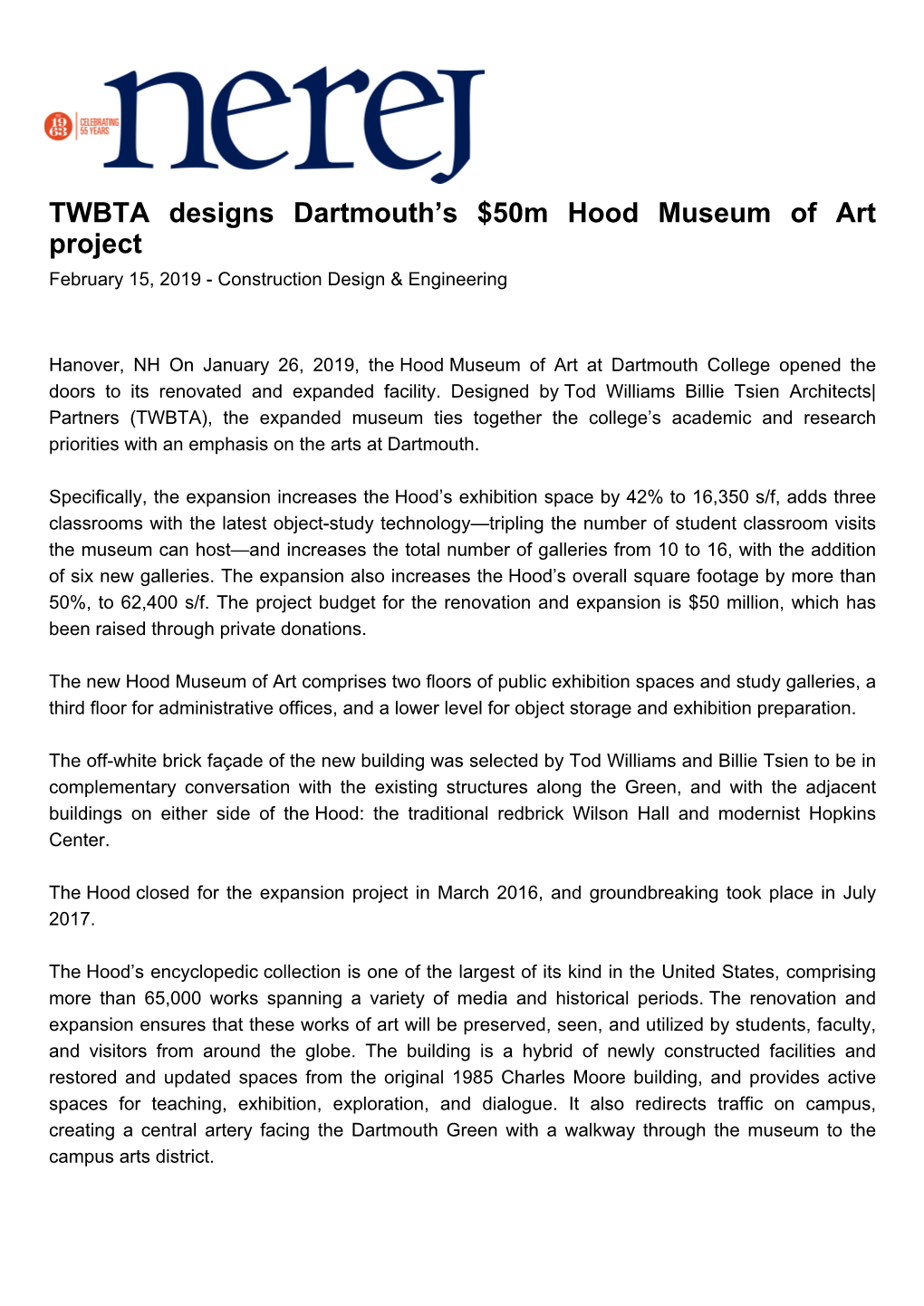TWBTA Designs Dartmouth S $50M Hood Museum of Art Project